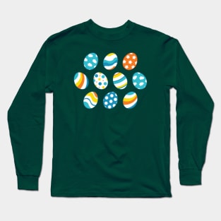 Egg Pattern | Blue Yellow Orange | Stripes Clouds Flowers Dots | Green Long Sleeve T-Shirt